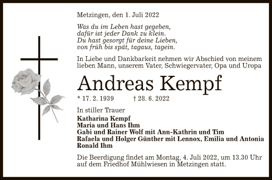 Anzeige von Andreas Kempf von Reutlinger General-Anzeiger