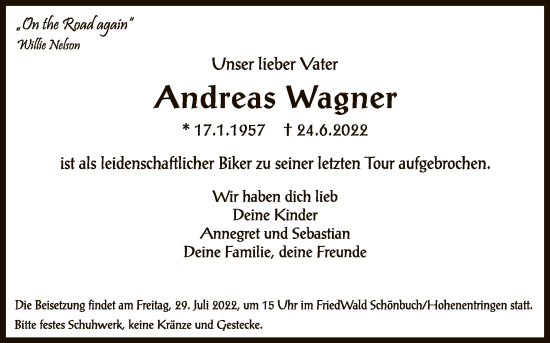 Anzeige von Andreas Wagner von Reutlinger General-Anzeiger