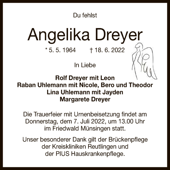 Anzeige von Angelika Dreyer von Reutlinger General-Anzeiger