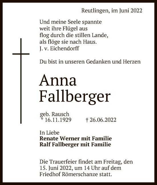Anzeige von Anna Fallberger von Reutlinger General-Anzeiger