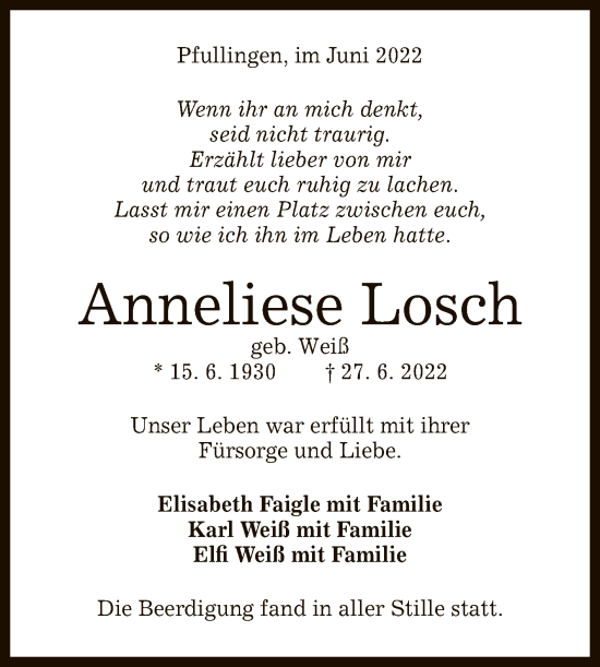 Anzeige von Anneliese Losch von Reutlinger General-Anzeiger