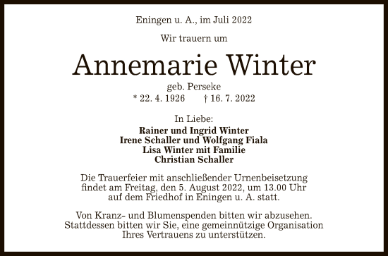 Anzeige von Annemarie Winter von Reutlinger General-Anzeiger