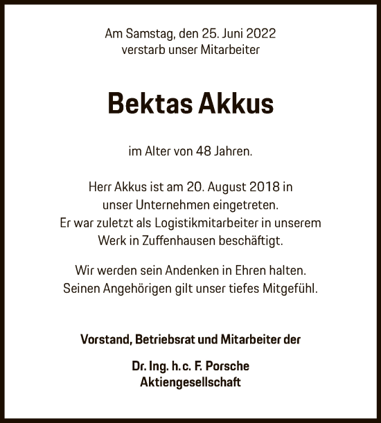 Anzeige von Bektas Akkus von Reutlinger General-Anzeiger