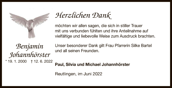 Anzeige von Benjamin Johannhörster von Reutlinger General-Anzeiger