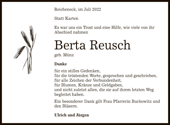 Anzeige von Berta Reusch von Reutlinger General-Anzeiger