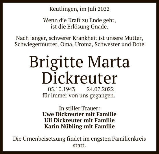 Anzeige von Brigitte Dickreuter von Reutlinger General-Anzeiger