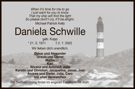 Anzeige von Daniela Schwille von Reutlinger General-Anzeiger