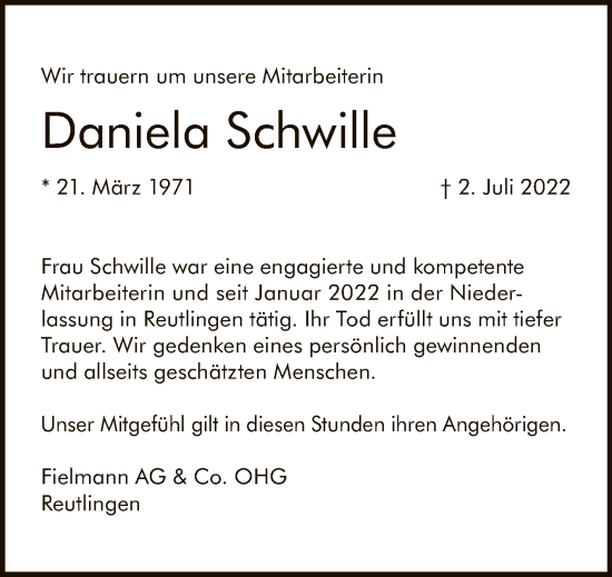 Anzeige von Daniela Schwille von Reutlinger General-Anzeiger