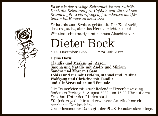 Anzeige von Dieter Bock von Reutlinger General-Anzeiger