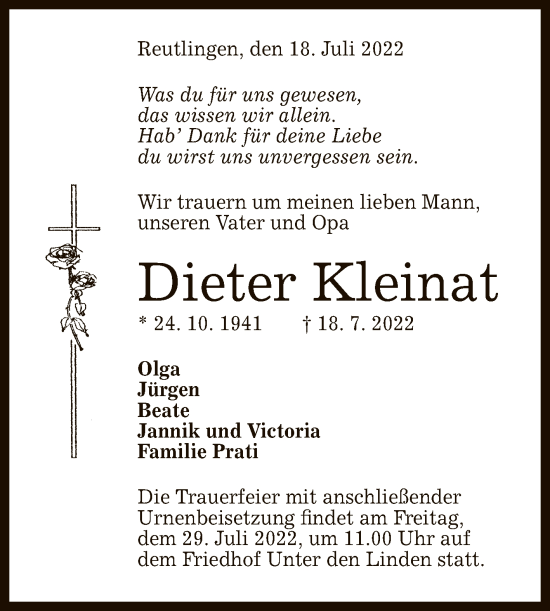 Anzeige von Dieter Kleinat von Reutlinger General-Anzeiger