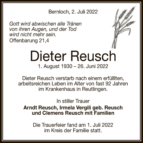 Anzeige von Dieter Reusch von Reutlinger General-Anzeiger