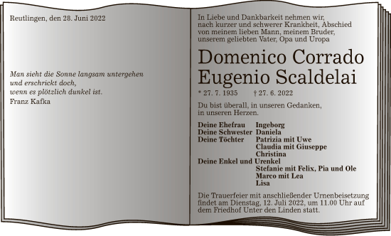 Anzeige von Domenico Corrado Eugeneio Scaldelai von Reutlinger General-Anzeiger