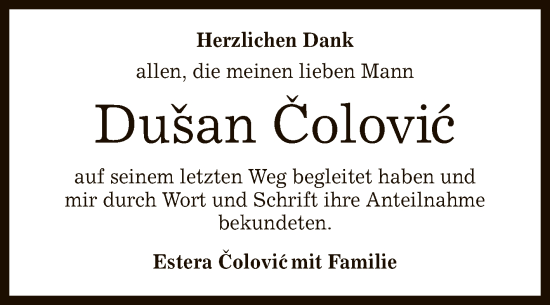 Anzeige von Dusan Colovic von Reutlinger General-Anzeiger
