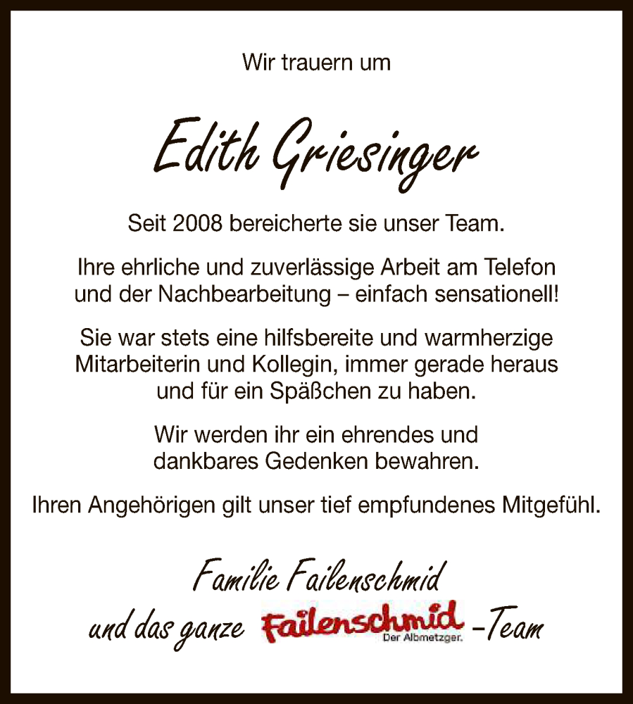  Traueranzeige für Edith Griesinger vom 07.07.2022 aus Reutlinger General-Anzeiger