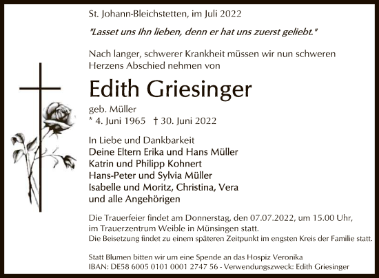 Anzeige von Edith Griesinger von Reutlinger General-Anzeiger