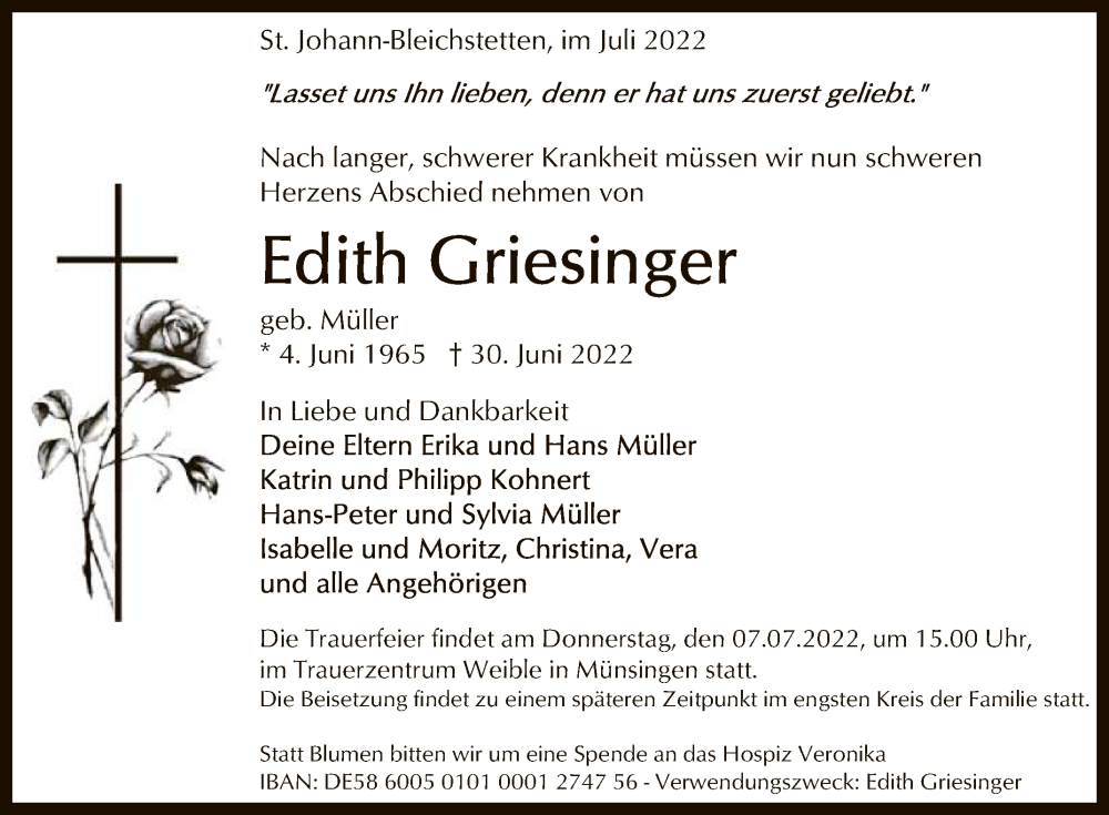  Traueranzeige für Edith Griesinger vom 02.07.2022 aus Reutlinger General-Anzeiger