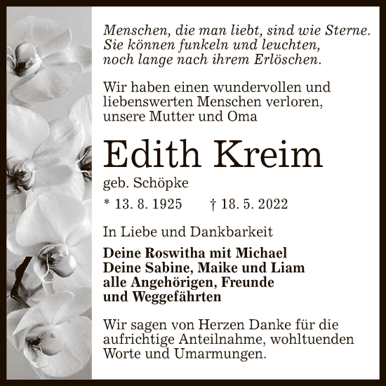 Anzeige von Edith Kreim von Reutlinger General-Anzeiger