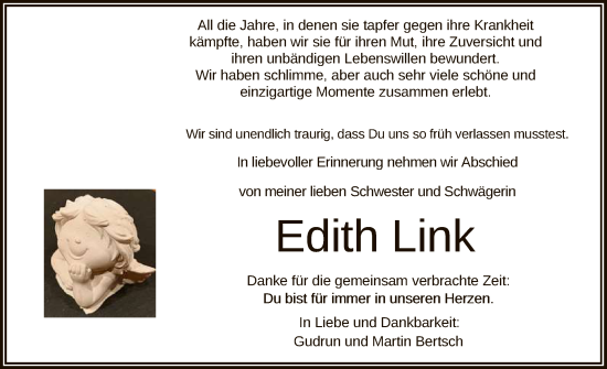Anzeige von Edith Link von Reutlinger General-Anzeiger