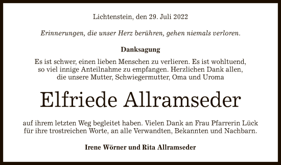 Anzeige von Elfriede Allramseder von Reutlinger General-Anzeiger