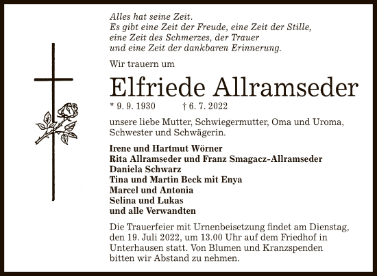 Anzeige von Elfriede Allramseder von Reutlinger General-Anzeiger