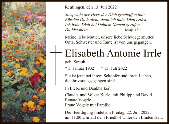 Anzeige von Elisabeth Antonie Irrle von Reutlinger General-Anzeiger