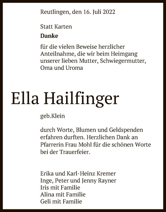 Anzeige von Ella Hailfinger von Reutlinger General-Anzeiger