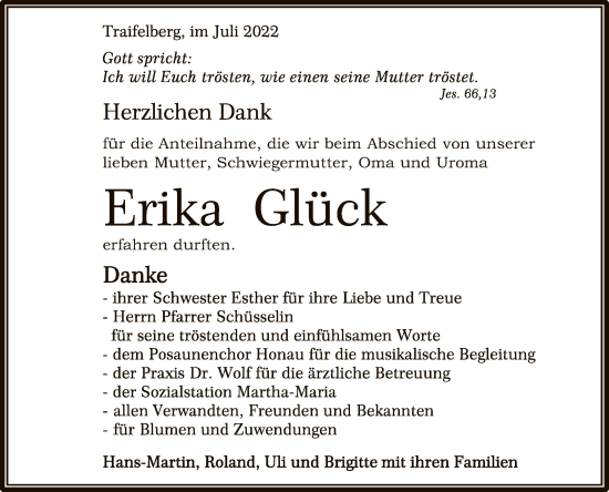 Anzeige von Erika Glück von Reutlinger General-Anzeiger