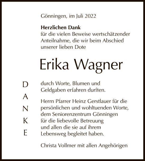 Anzeige von Erika Wagner von Reutlinger General-Anzeiger