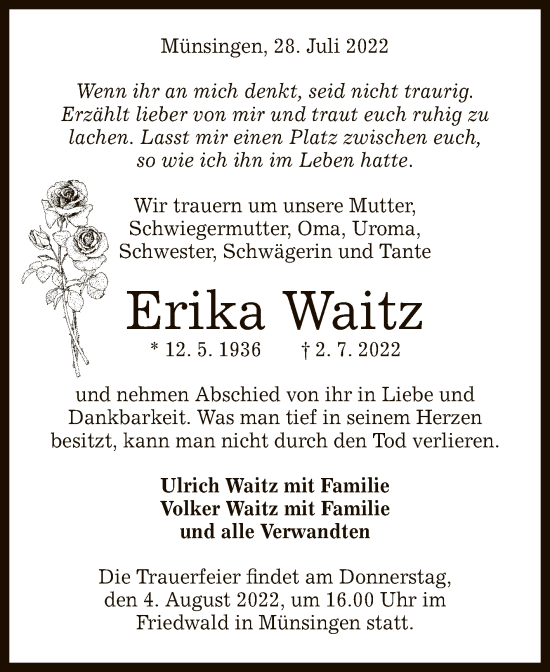 Anzeige von Erika Waitz von Reutlinger General-Anzeiger