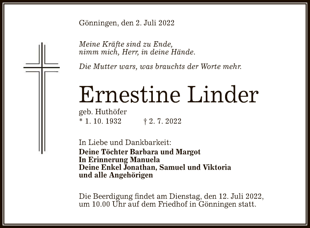  Traueranzeige für Ernestine Linder vom 09.07.2022 aus Reutlinger General-Anzeiger