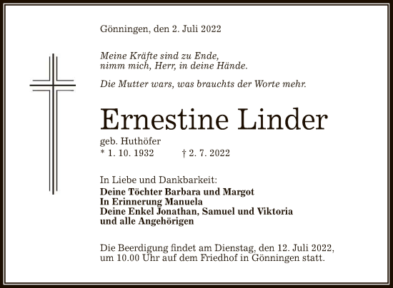 Anzeige von Ernestine Linder von Reutlinger General-Anzeiger