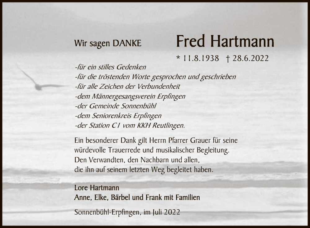  Traueranzeige für Fred Hartmann vom 21.07.2022 aus Reutlinger General-Anzeiger