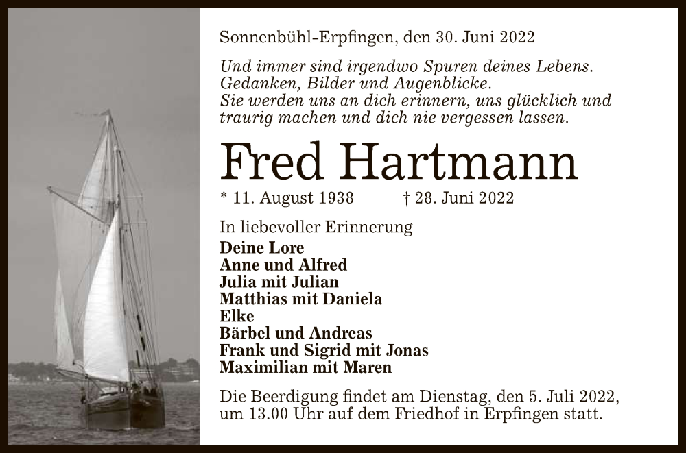  Traueranzeige für Fred Hartmann vom 02.07.2022 aus Reutlinger General-Anzeiger