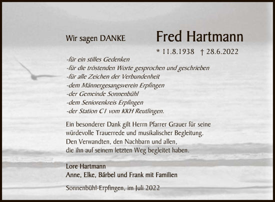 Anzeige von Fred Hartmann von Reutlinger General-Anzeiger