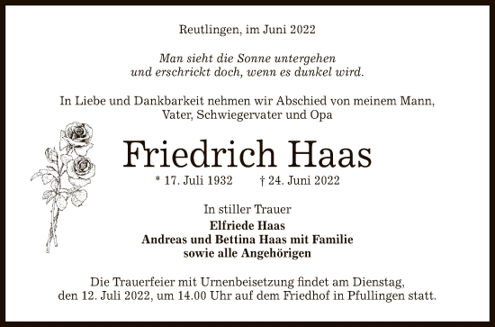 Anzeige von Friedrich Haas von Reutlinger General-Anzeiger