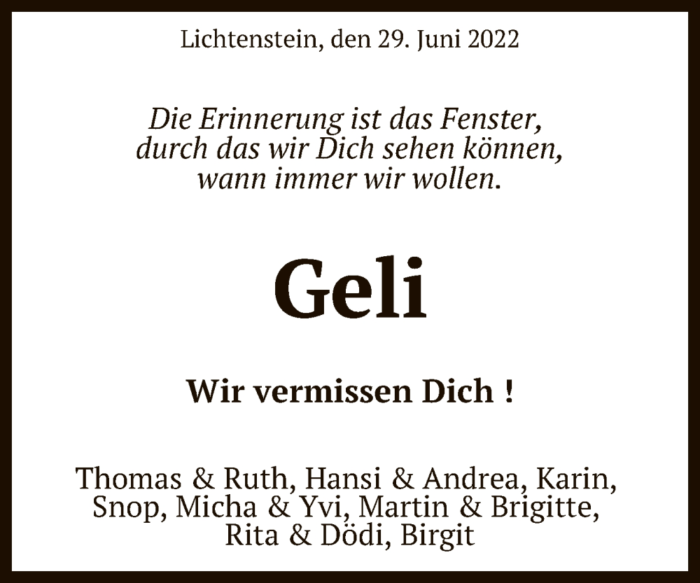  Traueranzeige für Geli  vom 02.07.2022 aus Reutlinger General-Anzeiger