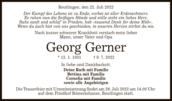 Anzeige von Georg Gerner von Reutlinger General-Anzeiger