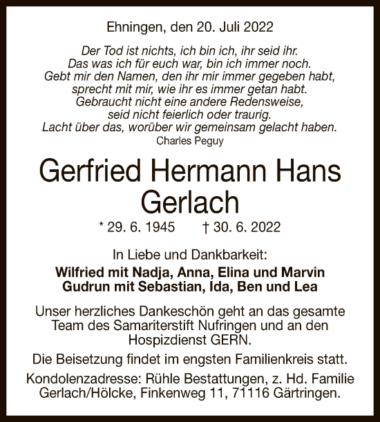 Anzeige von Gerfried Hermann Hans Gerlach von Reutlinger General-Anzeiger