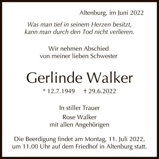 Anzeige von Gerlinde Walker von Reutlinger General-Anzeiger