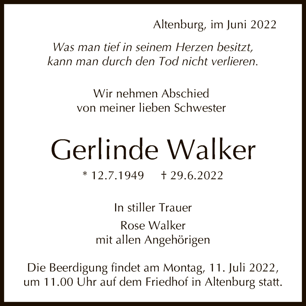  Traueranzeige für Gerlinde Walker vom 09.07.2022 aus Reutlinger General-Anzeiger
