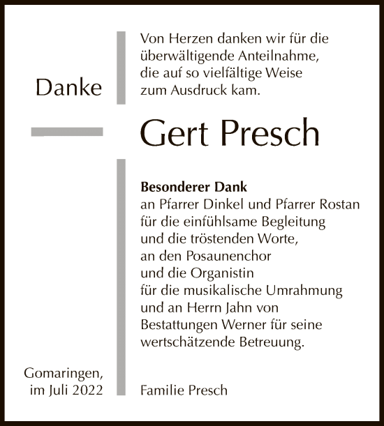 Anzeige von Gert Presch von Reutlinger General-Anzeiger