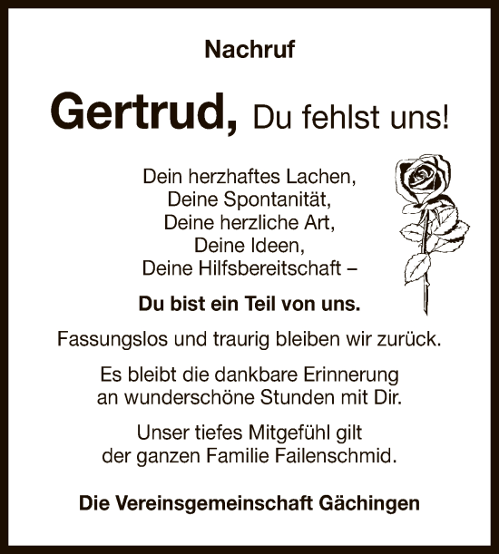 Anzeige von Gertrud   von Reutlinger General-Anzeiger