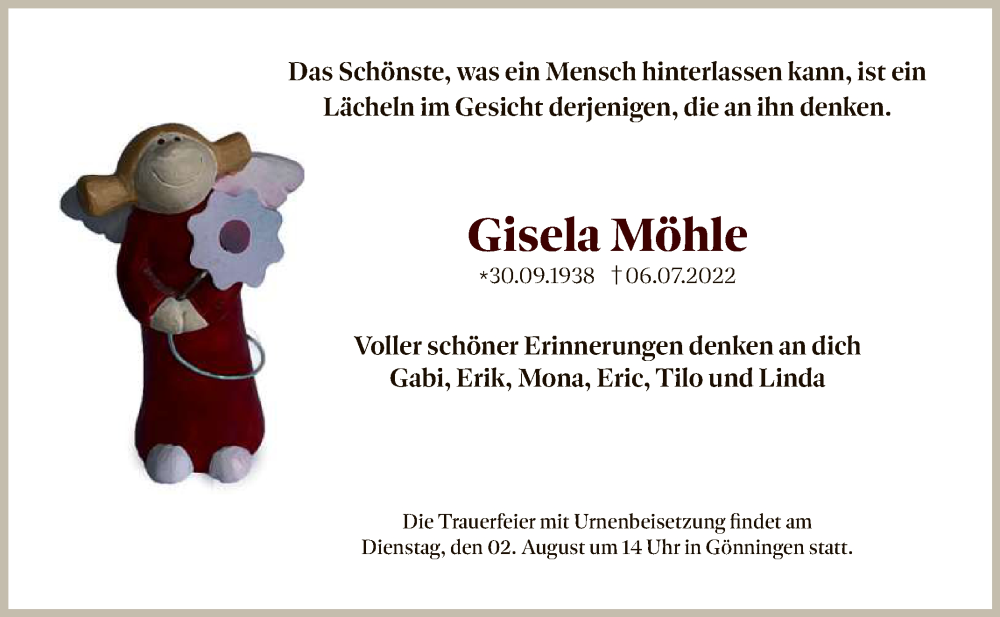  Traueranzeige für Gisela Möhle vom 12.07.2022 aus Reutlinger General-Anzeiger