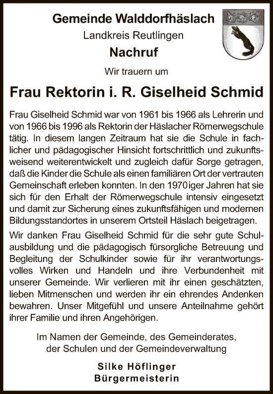 Anzeige von Giselheid Schmid von Reutlinger General-Anzeiger