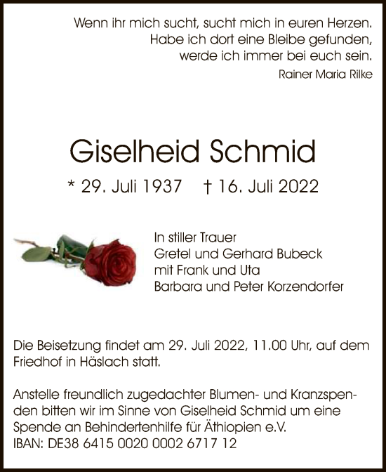 Anzeige von Giselheid Schmid von Reutlinger General-Anzeiger