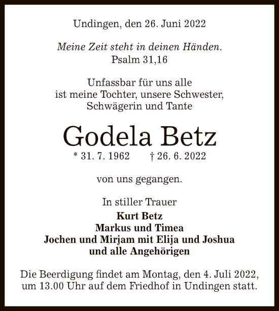 Anzeige von Godela Betz von Reutlinger General-Anzeiger