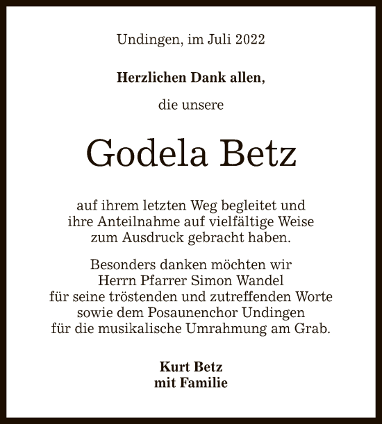 Anzeige von Godela Betz von Reutlinger General-Anzeiger