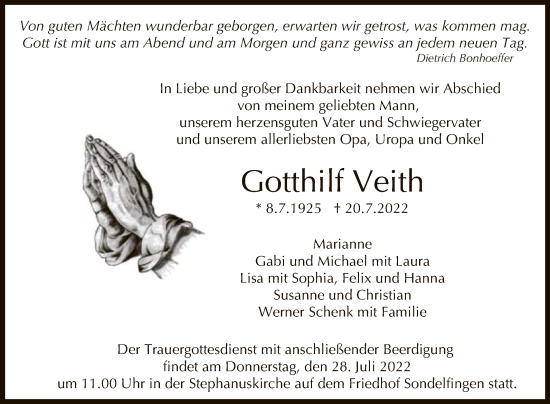 Anzeige von Gotthilf Veith von Reutlinger General-Anzeiger