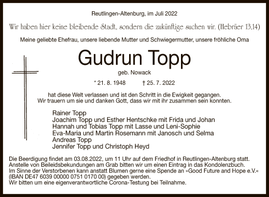 Anzeige von Gudrun Topp von Reutlinger General-Anzeiger