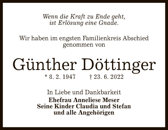 Anzeige von Günther Döttinger von Reutlinger General-Anzeiger